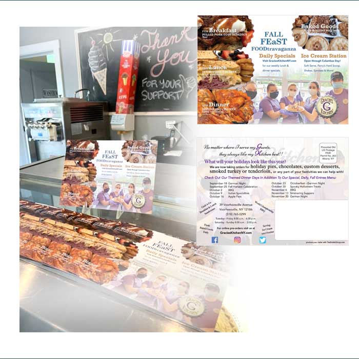 Postcard with direct mail to local residents to promote the business Gracie's Kitchen
