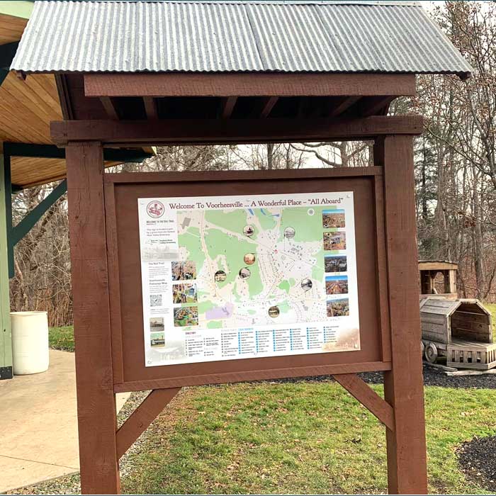 Wayfinding, Maps and Signage – Here is a map, designed by Shufelt Group, of the Albany County Rail Trail located in the Village of Voorheesville NY at the trail head.
